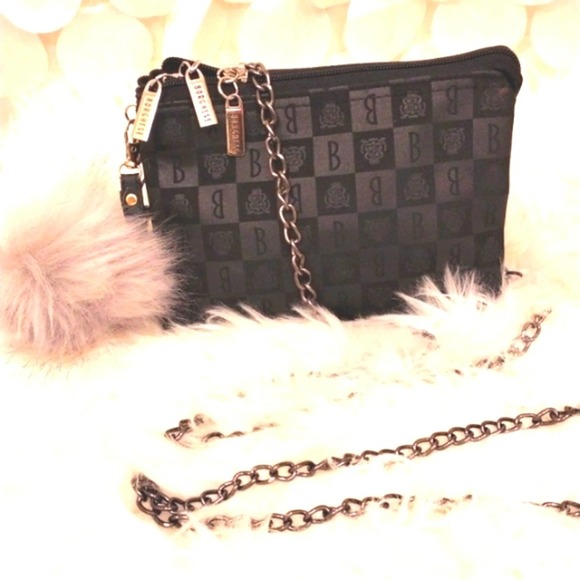 BORGHESE ROMA Crossbody Satin GEO w Shoulder Strap Chain & Faux Fur Pom Charm - Picture 3 of 14